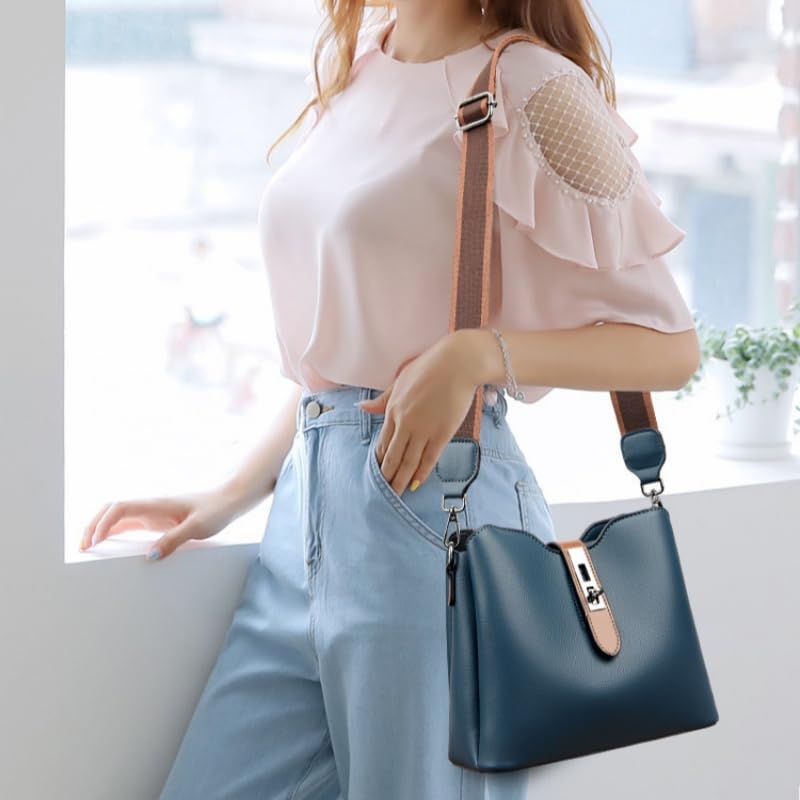 Large Capacity PU Leather Bucket Handbag,Trendy Versatile Shoulder Satchel,Multi Pocket Crossbody Bag with Wide Strap2