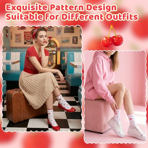 Image of 6 Pairs Women's Cute Crew Socks, Casual Athletic Cotton Cherry Heart Strawberry Calf Novelty Socks for Women