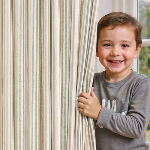 jinchan Colorful Linen Curtains for Nursery Living Room Multi Green on Beige Striped Curtains for Bedroom Cute Ticking Stripe Farmhouse Baby Boys Kids...