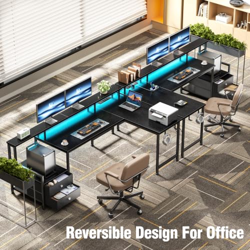 Image of Korfile 57'' L Shaped Gaming Desk with Storage Drawers, Power Outlets, LED