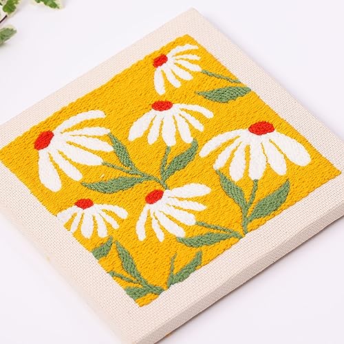 Image of Embroidery Punch Needle kit Frame, Embroidery Starter Kits for Beginner Kids,Punch Needle Fabric with Pattern,Threader, Yarns,Embroidery Hoops & Rug Punch (Yellow)