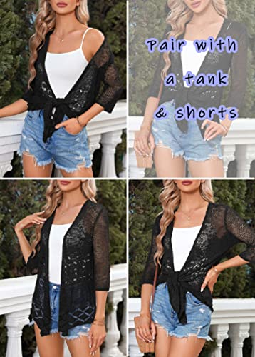 Image of Nulibenna Womens Sheer Shrug Sweaters 3 /4 Sleeve Open Front Tie Cardigan Bolero Jacket Lightweight Crochet Knit Cover Up Tops
