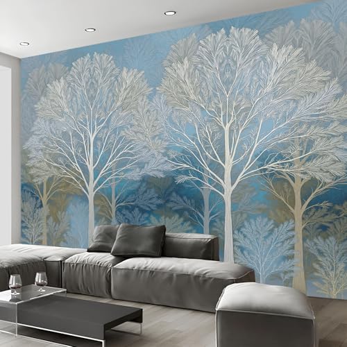Agrandir un salon sombre grâce au papier peint panoramique forêt bleu ciel