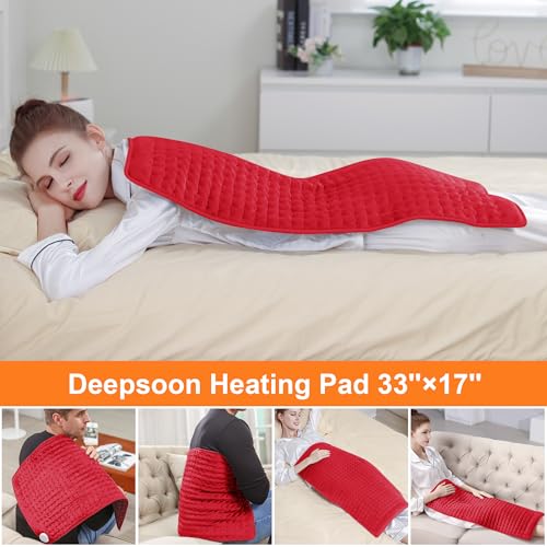 Image of Deepsoon Heating Pad,Electric Heating Pads for Back,Neck,Moist Heating Pad for Abdomen Shoulder Knee Legs,Dry /Moist Heat&Auto Shut Off,Mother's Day Birthday for Men and Women,Red,33x17 Inch