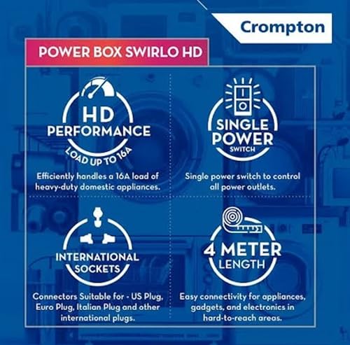 Image of Crompton Powerbox Swirlo HD Extension Board, 16A Load Capacity, 3 Sockets - 1 Heavy Duty 16A, 1 Universal, 1 Two-Pin, Strong Grip Connections, White