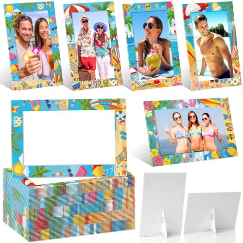 Image of AmazingSpark 50 pack Summer Beach Picture Frame Set 4x6, Tropical Cardboard Photo Frames Bulk with Easel Back, Colorful Coastal Tabletop Display for Vacation Photos, Party Decoration Home Desk Decor