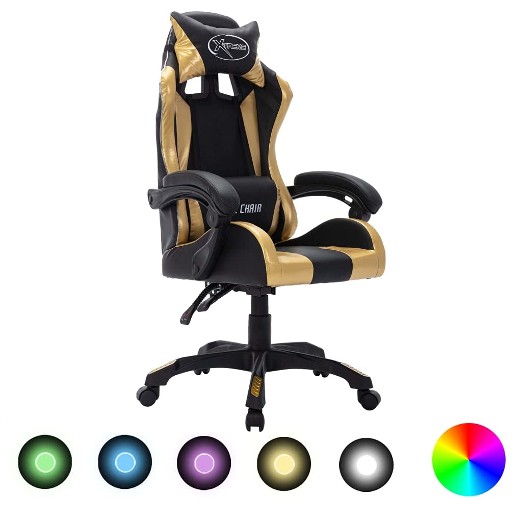 vidaXL Silla Gaming con Luces LED RGB Giratoria Asiento Sillón Escritorio Videojuegos Oficina Despacho Ordenador Cuero Sintético Dorado y Negro