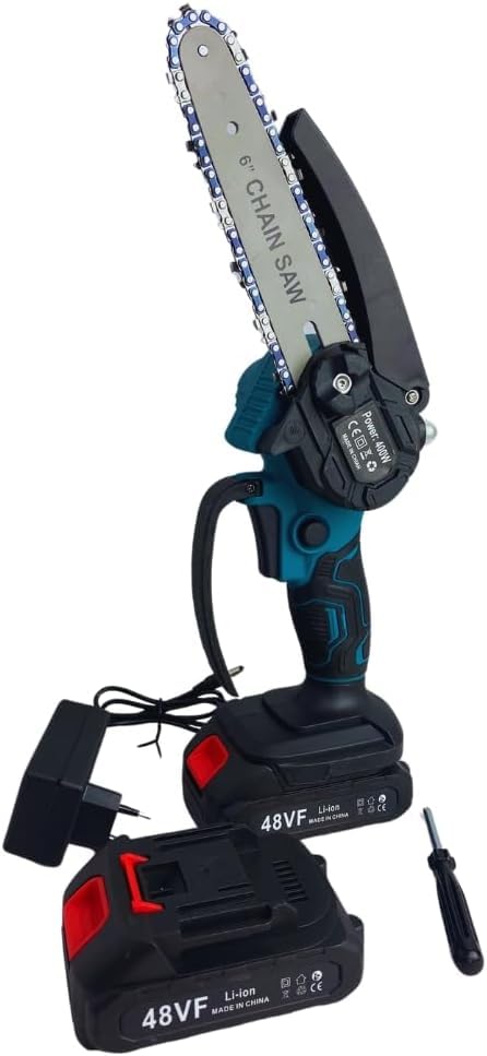 SQUADO Mini Motosega 6 Pollici a Batteria Li-ion, 15 cm, 48V, 400W con 2 Batterie, per Potatura