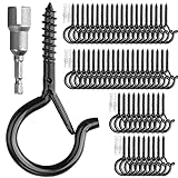 PlusRoc 60 Pack Outdoor Hooks for Christmas String Lights, Q-Hanger Hooks for Hanging Plants, 2.2 Inch Black Cup Hook Screw in Hooks Outside Patio Light Hooks, Wall Wood Ceiling Mount