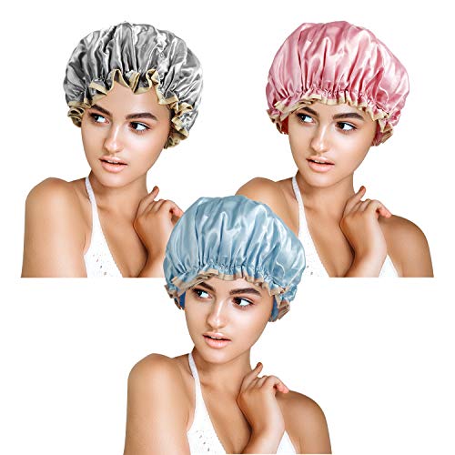 3PCS Shower Cap For Women, Waterproof & Reusable Hair Caps For Shower Bath, Luxury Bonnets For Black Women, Turban Shower Cap for Women Hair Protection(not patterned)