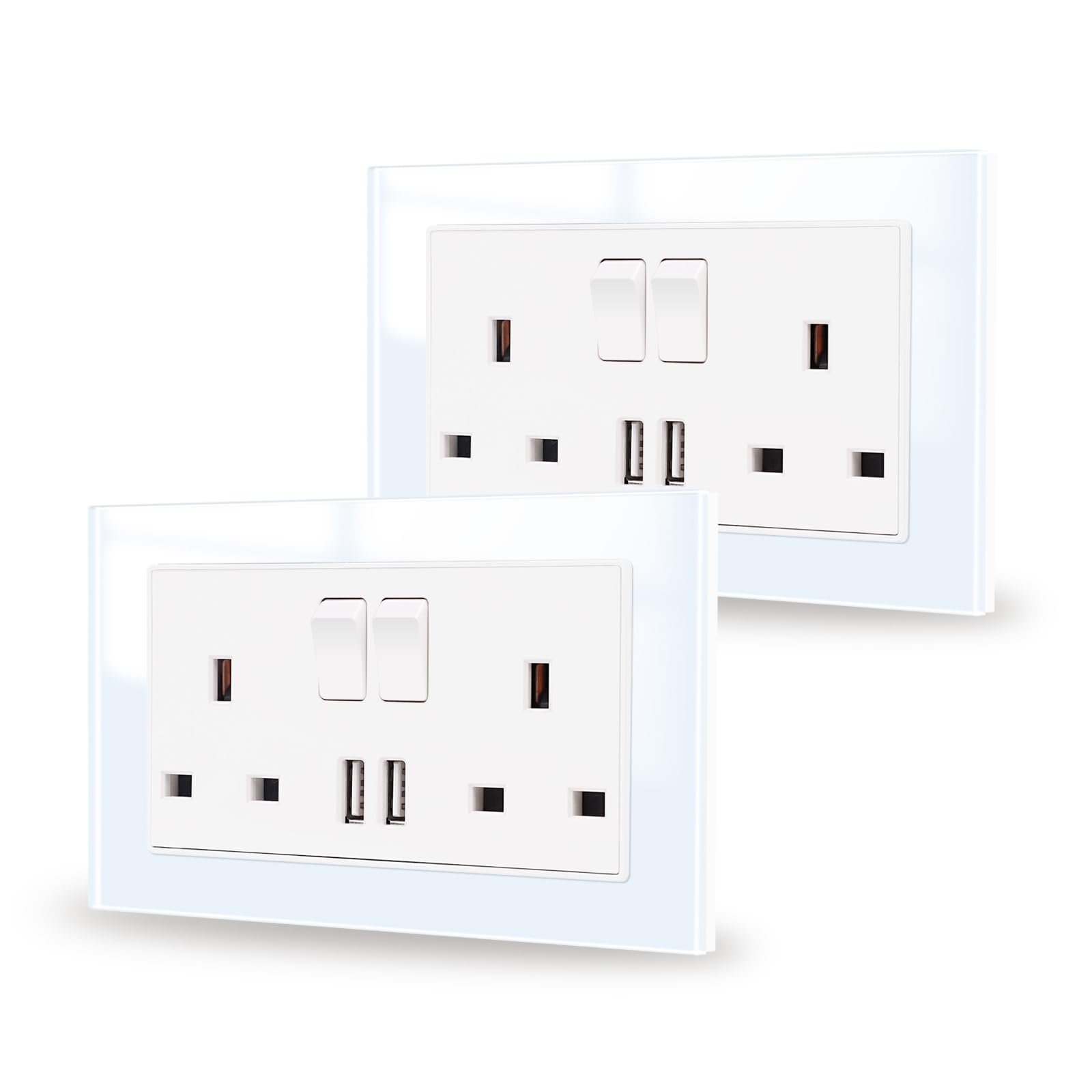 JIMEIDA Double Switched Power Socket White 2 Pack with USB A Charging Ports Crystal Glass Panel Wall Outlet 13 Amp Electric Socket