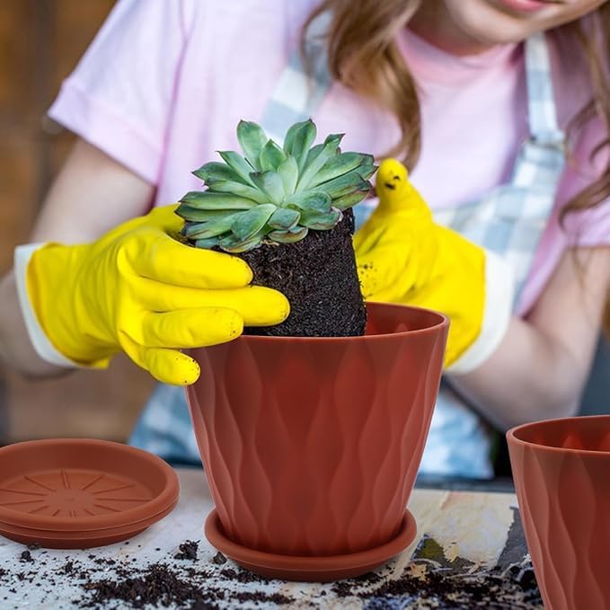Image of Leafly Set of 5 Multicolor Round Flower Plant Pots (6.3 Inch) with Drainage Tray | Durable Lightweight Planters for Home, Office, Terrace, Balcony & Indoor /Outdoor Gardening (Crimson Wave)
