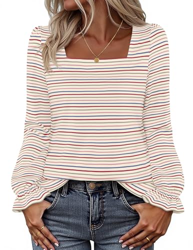 MEROKEETY Women's Fall Square Neck Striped Shirt Puff Long Sleeve Casual Loose Tops 2025 Trendy Blouse