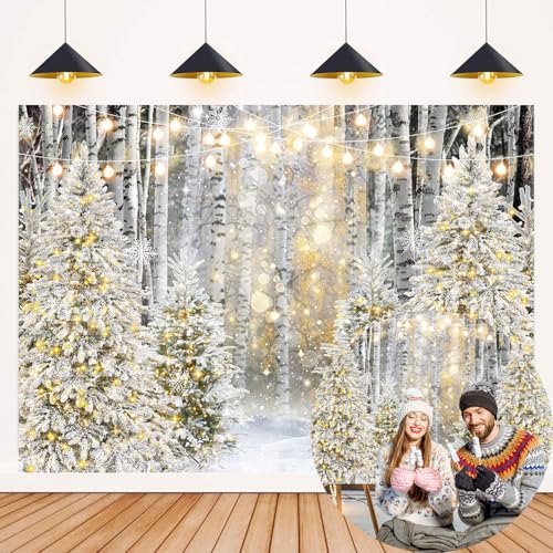 Winter Forest Scene Backdrop 8x6FT Golden Christmas Tree Snowflake Wonderland Photography Background Winter Holiday Party Decorations Supplies Photo Props
