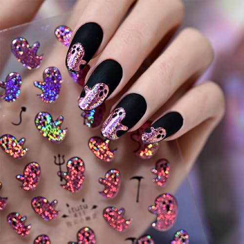 Pink Holographic Glitter Ghost Nail Stickers Self Adhesive Spooky Ghost Nail Art Decals with Mini Devil Pitchfork Waterproof Halloween DIY Manicure Decor Supplies for Women Girls Salon Acrylic Nails
