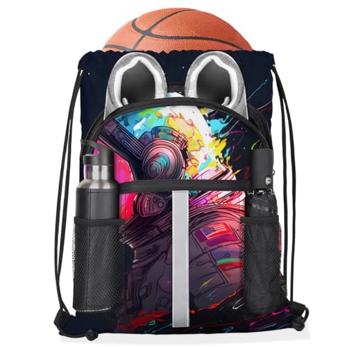 Cartoon Astronaut Drawstring Backpack Waterproof String Bag Sackpack Outer Space Cinch Sack for Traveling Gym Sports with Mesh Pockets3