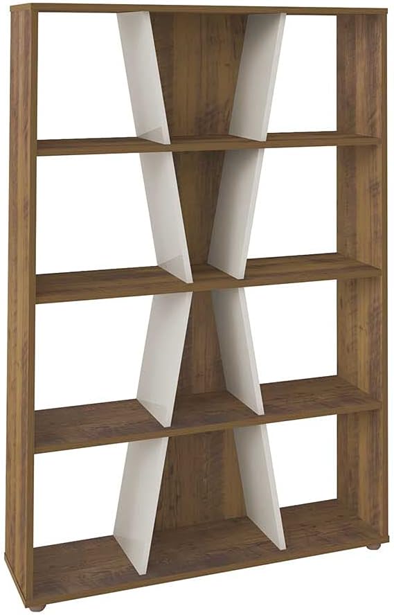 Artely Xis Bookcase, 12 Storage Shelves, X Shape, Pine Woody Brown With Off White - W 91 cm X D 25 cm X H 134.5 cm