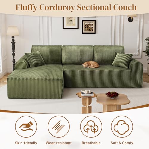 Image of 110 inch L Shaped Boneless Sectional Couches for Living Room, Comfy Corduroy Floor Cloud Sofa with Chaise, Wide Armrest, Deep Seat, Memory Foam, Assembly Free, Ideal for Small Spaces, Green