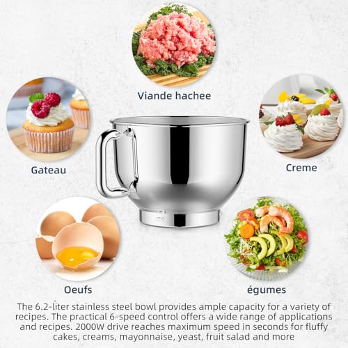 CHeflee Batidora Amasadora Profesional,2000W Amasadora Pan Repostería,6.2 L Bajo Ruido Robot de Cocina Multifunción,Gancho para Masa,Batidor Plano,Protección para Salpicaduras 6 Velocidades Batidora - imagen 4