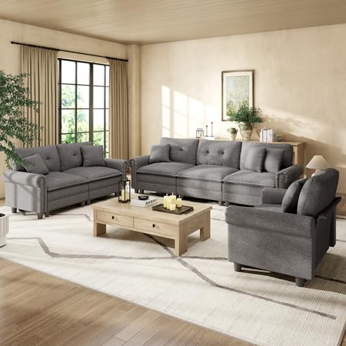 Image of HERA'S HOUSE Modular Sectional Sofa Set for Living Room 3-Piece Deep Seats | Mid-Century Modern 6-Seater Cloud Sofa Set, Dark Grey, Rolled Arms & Nailhead Trim, Wider Seats, Soft Linen Furniture Set
