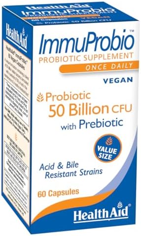 HealthAid ImmuProbio 60 Caps – 50 Billion CFU with Prebiotic, Once Daily, Acid & Bile Resistant Strains, Vegan
