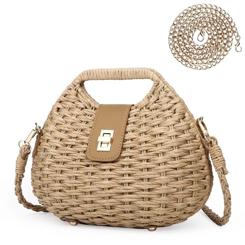 Women Straw Crossbody Bag,Straw Woven Purses with Chain,Beach Handbag for Women