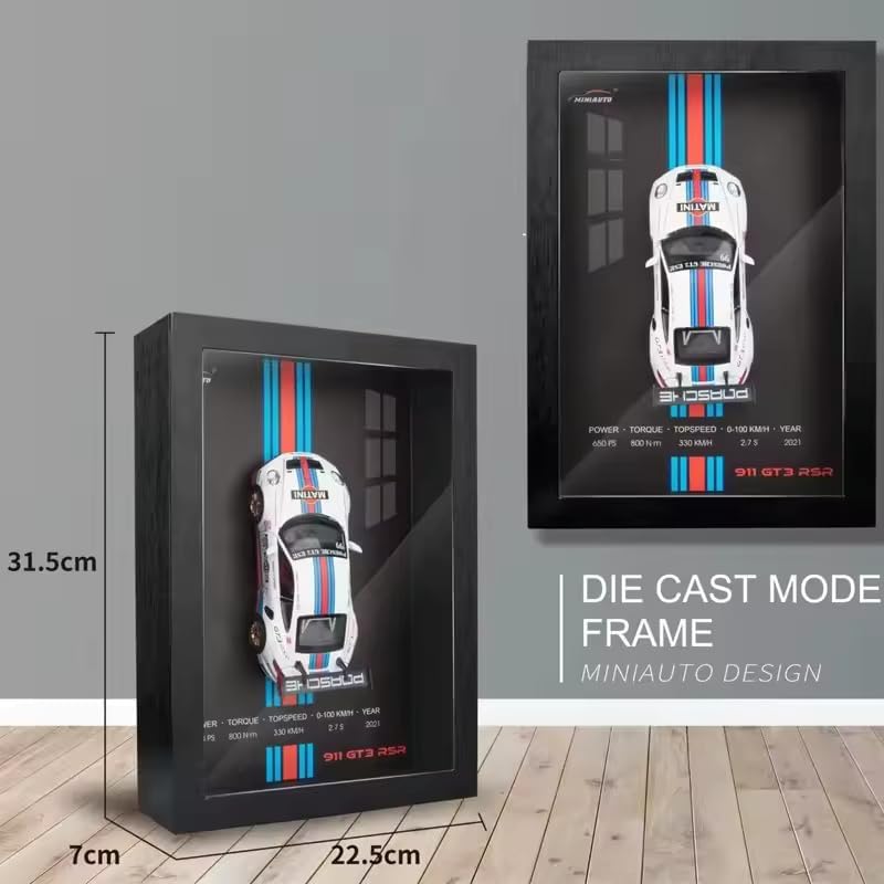 Image of Worshiper 3D Car Frame Wall Art Wooden Hanging Painting Frame with Removable Die-Cast Cars, Lights & Sounds Pull-Back Action & Opening Doors Collectible Display for Car Decoration (1:32 Porsche 911 GT3 RSR)
