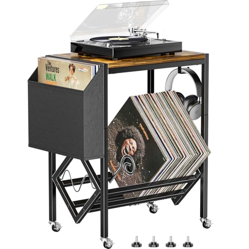 Supporto in vinile per dischi in vinile, supporto in vinile e giradischi, tavolo in legno e metallo, fino a 80 LPs, con ruote e sacchetto di stoffa organizzatore (nero)