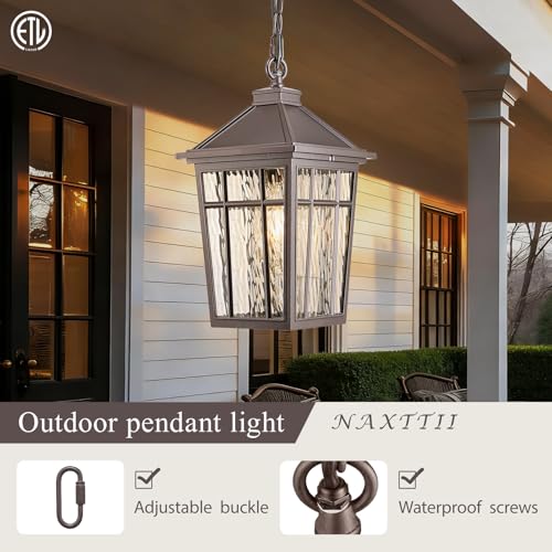Image of Dusk to Dawn Outdoor Hanging Lantern Lights 15.2 Inch Large Porch Pendant Lights for House Doorway Aluminum Waterproof Outdoor Pendant Light with Water Ripple Glass E26 Socket