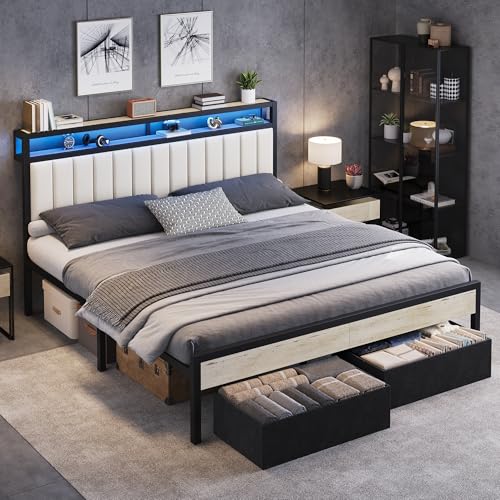 Image of AMERLIFE King Bed Frame with LED Lights & 2-Tier Storage Headboard | White, 2 Storage Drawers, Metal Platform Frame, Velvet Upholstery, Heavy-Duty Slats, No Box Spring, Easy Assembly