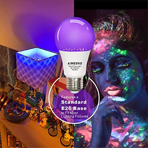Aimeoko Led Black Light Bulb 9W(75Watt Equivalent) Uv Blacklight Bulb E26 Base Replacement Bulbs,Uva Level 390-400Nm,Glow In The Blacklights Party,Fluorescent Poster,Body Paint-2 Pack #TOP4
