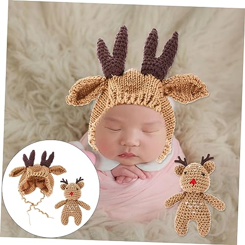 1Set Adorable Antler Hat Warm Knit Wool Beanie for Months for Holiday Photography and Comfortable Skin Friendly Design for Boys Brown2