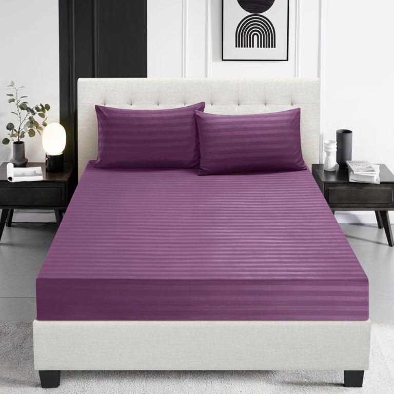 Prime Linens Satin Stripe Fitted Sheet Bed Sheet Brushed Microfiber 30 Cm Deep Fitted Sheet Elastic Edges Breathable Soft Machine Washable Fade Resistant (Aubergine, Single)