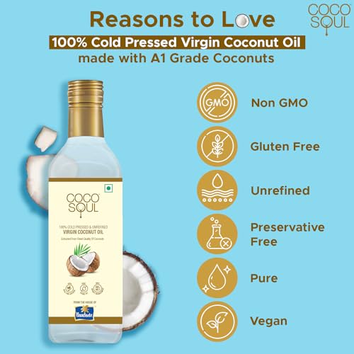 Image of Coco Soul Cold Pressed Unrefined Virgin Coconut Oil | 60% MCT | Multipurpose Usage | Daily Cooking| Keto Friendly | Naturally Cholesterol Free | A1 grade real coconut | From Makers of Parachute 1000 ml