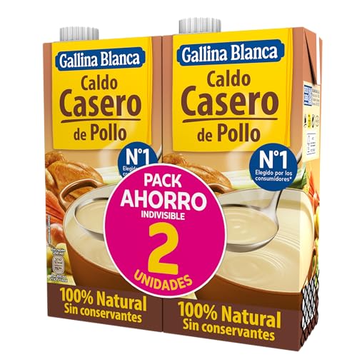 GALLINA BLANCA Caldo Casero de Pollo 100% Natural | Cocinado a Fuego Lento Durante 3h. Sin Gluten, Sin Conservantes, Bajo en Grasa - Pack 2 x 1L