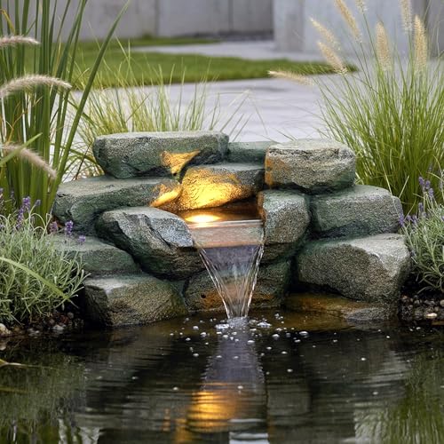 Kunstfelsen Wasserfall mit LED für Teich – Komplett Set inkl. 5W Pumpe & Schlauch Teichdeko in Steinoptik Wasserspiel für Gartenteich