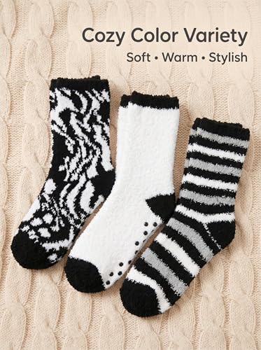 Image of Tipi Toe Womens Fuzzy Crew Socks with Anti Slip Grips Warm Cozy Fluffy Winter Slipper Socks Non Skid Home Socks for Women