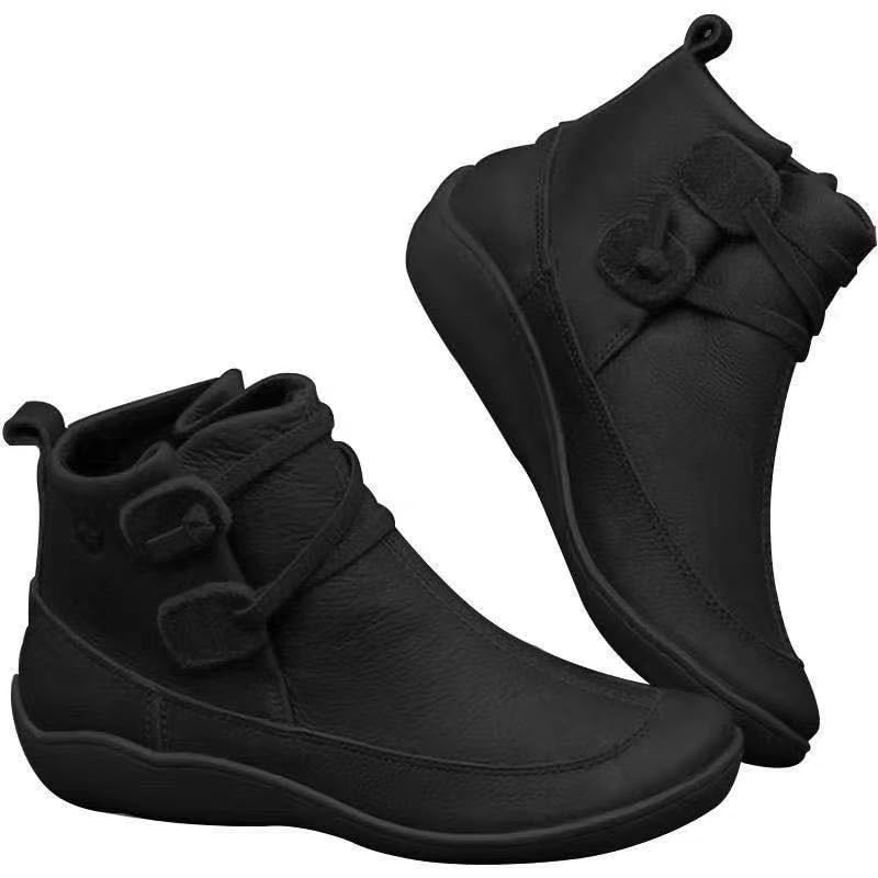 Women Ankle Boots No Heel Arch Support Vintage Lace Up Side Zipper Shoes Retro Comfortable Flat Booties for Outdoor