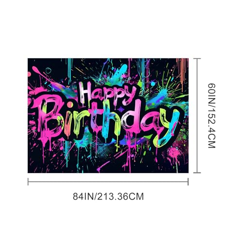 Image of HOMETITUTE Neon Happy Birthday Banner 84x60 Inch Photography Backdrops Party Background Decorations Colorful Graffiti Splash Paint Kids Birthday Supplies Glow in The Dark