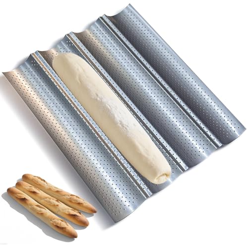 RUHUHUR 38x33CM Baguette Baking Tray French Bread Pan for 4 Baguettes with Non-Stick Coating Silver Grooves Waves French Thickened Perforated Multi Slot Pan for Oven Baking Baguette Mould Accessories
