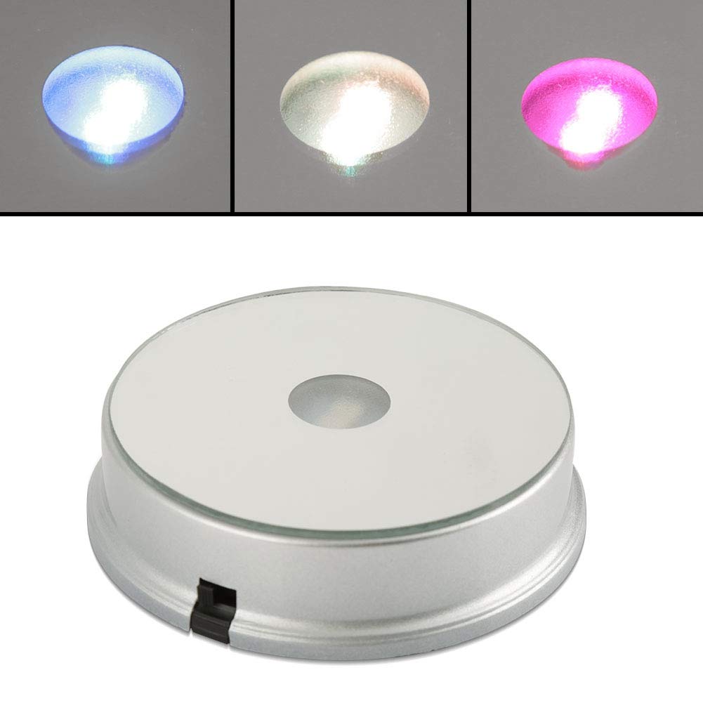 LED Rotating Display Base Crystal Glass Art Colorful Light Rotating Crystal Display Base Stand Cup Display Stand Turner (Round Mirror 2-Light Battery Model (Supply