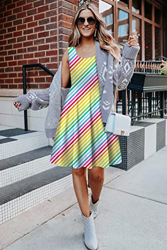 Image of uideazone Ladies Women Rainbow Sundress One Piece Halter Beach Dresses Sleeveless Pleated Sling Dresses for Beach Casual Home