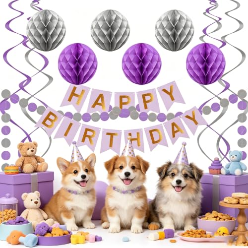 Image of Purple Silver Birthday Decorations, Happy Birthday Banner with Honeycomb Balls, Circle Dot Garland and Hanging Swirl Decorations for Women Men Boys Girls (Purple Silver)