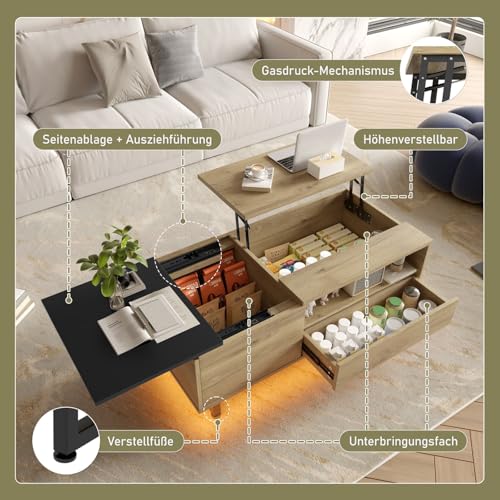 Table basse relevable à LED avec tiroirs et cadre métal nature-c