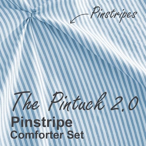 Image of Swift Home Full /Queen Pinstripe Chambray Blue Comforter Set - Classic Pintuck Bedding Set - 3 Pieces Bed Linen, 1 Comforter and 2 Pillow Shams