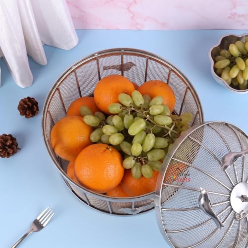 Image of Decorative Insect-Resistant Fruit and Vegetables Basket with Lid | Countertop Mesh (Jaali) Design Fruit Storage Basket for Kitchen, Dining Table, Living Room (Silver, Design 3)