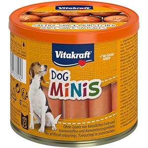 Vitakraft Dog Minis, Hundeleckerli getreidefrei, Würstchen, Belohnung für zwischendurch, mit Geflügel, gewürzreduziert, in wiederverschließbarer Dose, ohne Zusatz von Zucker (1x 120g)