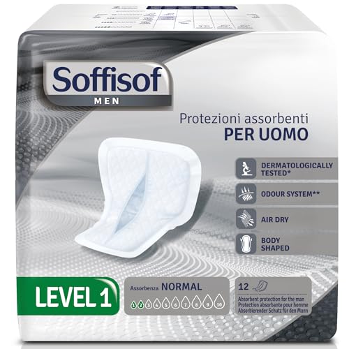 Soffisof Men Level 1 - Compresas de incontinencia para hombres - 24 compresas higiénicas - paquete doble con 12 compresas, 2 gotas - incontinencia leve