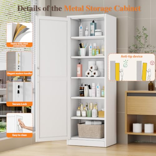 Image of Metal Locker Storage Cabinet Tall Narrow Storage Cabinets with 3 Adjustable Shelves and for Home Office, Living Room, Dining Room (White 1 Door)