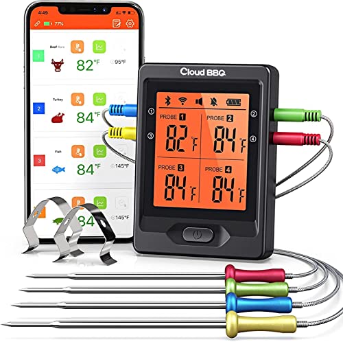 Cloud bbq Wireless Meat Thermometer of 500FT, Bluetooth Meat Thermometer for Smoker Oven, Grill Thermometer with Four Probes, Smart Rechargeable BBQ Thermometer for Cooking Turkey Fish Beef